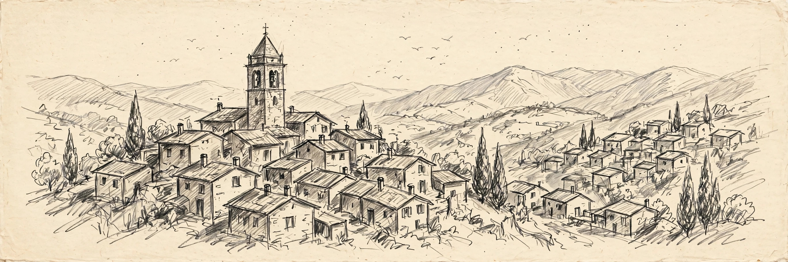 Pueblo europeo, ilustración con estilo de dibujo a lápiz